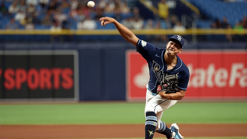 Sep 6, 2023; St. Petersburg, Florida, USA;  Tampa Bay Rays relief pitcher Robert Stephenson (26) throws a pitch against the Boston Red Sox during the seventh inning at Tropicana Field. Mandatory Credit: Kim Klement Neitzel-USA TODAY Sports
