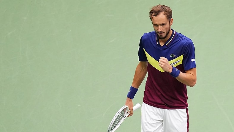 Sep 10, 2023; Flushing, NY, USA; Daniil Medvedev reacts after winning a point against Novak Djokovic of Serbia (not pictured) in the men's singles final in the men's singles final on day fourteen of the 2023 U.S. Open tennis tournament at USTA Billie Jean King National Tennis Center. Mandatory Credit: Danielle Parhizkaran-USA TODAY Sports