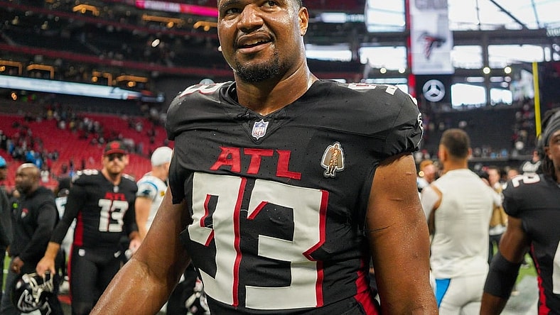 Sep 10, 2023; Atlanta, Georgia, USA; Atlanta Falcons defensive tackle Calais Campbell (93) celebrates after a victory against the Carolina Panthers at Mercedes-Benz Stadium. Mandatory Credit: Brett Davis-USA TODAY Sports