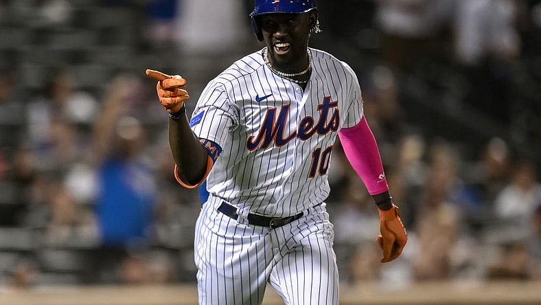 Sep 12, 2023; New York City, New York, USA; New York Mets shortstop Ronny Mauricio (10) reacts after hitting a two run home run against the Arizona Diamondbacks during the fourth inning at Citi Field. Mandatory Credit: John Jones-USA TODAY Sports
