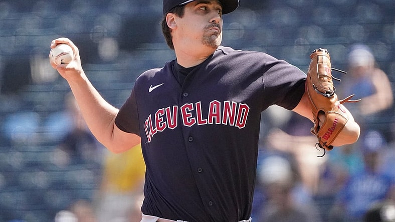 Sep 18, 2023; Kansas City, Missouri, USA; Cleveland Guardians starting pitcher Cal Quantrill (47) delivers against the Kansas City Royals in the first inning at Kauffman Stadium. Mandatory Credit: Denny Medley-USA TODAY Sports