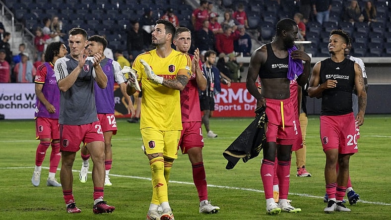 Sep 20, 2023; St. Louis, Missouri, USA; St. Louis City players acknowledge the fans after a match against Los Angeles FC at CITYPARK. Mandatory Credit: Scott Rovak-USA TODAY Sports