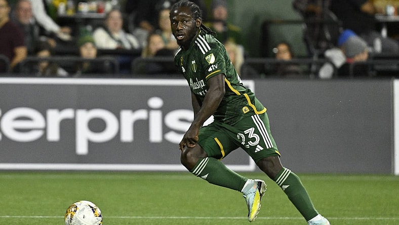 Sep 20, 2023; Portland, Oregon, USA; Portland Timbers forward Yimmi Chara (23) dribbles the ball during the second half against the San Jose Earthquakes at Providence Park. Mandatory Credit: Troy Wayrynen-USA TODAY Sports
