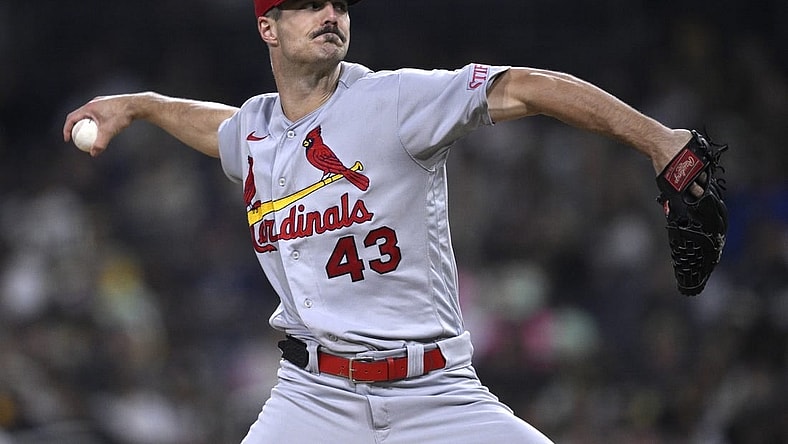 Sep 22, 2023; San Diego, California, USA; St. Louis Cardinals starting pitcher Dakota Hudson (43) throws a pitch against the San Diego Padres during the first inning at Petco Park. Mandatory Credit: Orlando Ramirez-USA TODAY Sports