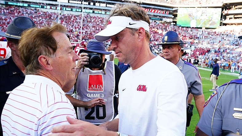Sep 23, 2023; Tuscaloosa, Alabama, USA; Alabama Crimson Tide head coach Nick Saban greets Mississippi Rebels head coach Lane Kiffin midfield after Alabama defeated the Rebels 24-10 at Bryant-Denny Stadium.  Mandatory Credit: John David Mercer-USA TODAY Sports