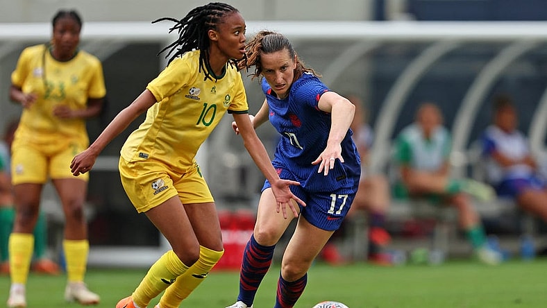 Sep 24, 2023; Chicago, Illinois, USA; South Africa midfielder Linda Motlhalo (10) dribbles the ball against United States midfielder Andi Sullivan (17) during the first half at Soldier Field. Mandatory Credit: Jon Durr-USA TODAY Sports