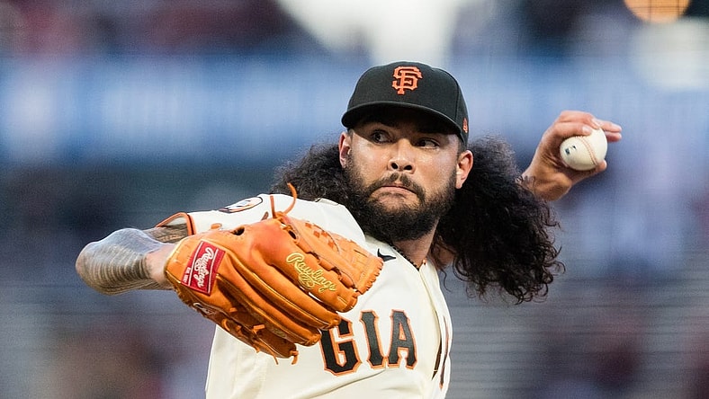 Sep 27, 2023; San Francisco, California, USA; San Francisco Giants starting pitcher Sean Manaea (52) throws against the San Diego Padres during the first inning at Oracle Park. Mandatory Credit: John Hefti-USA TODAY Sports