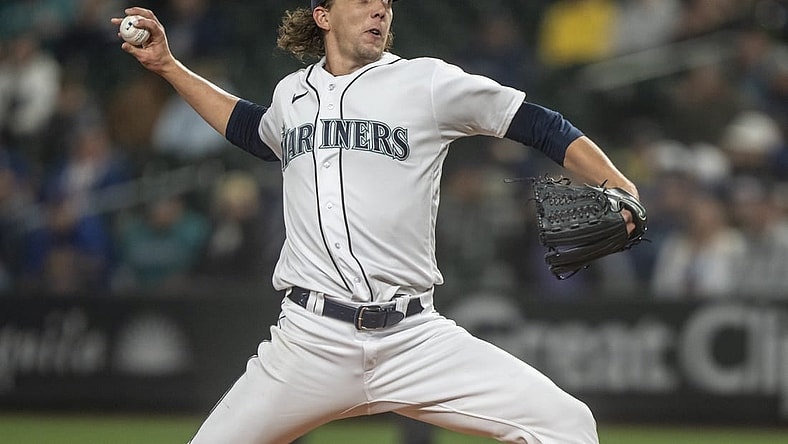 Sep 28, 2023; Seattle, Washington, USA; Seattle Mariners starter Logan Gilbert (36) delivers a pitch during the first inning against the Texas Rangers at T-Mobile Park. Mandatory Credit: Stephen Brashear-USA TODAY Sports