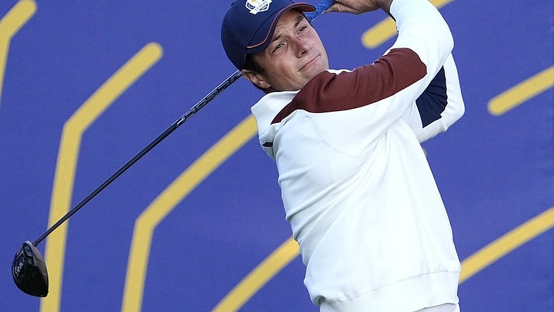 Sep 30, 2023; Rome, ITA; Team Europe golfer Viktor Hovland plays his shot from the first tee during day two foursomes round for the 44th Ryder Cup golf competition at Marco Simone Golf and Country Club. Mandatory Credit: Adam Cairns-USA TODAY Sports