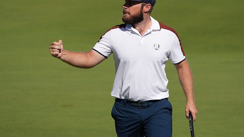 Sep 30, 2023; Rome, ITA; Team Europe golfer Tyrrell Hatton celebrates during day two foursomes round for the 44th Ryder Cup golf competition at Marco Simone Golf and Country Club. Mandatory Credit: Kyle Terada-USA TODAY Sports