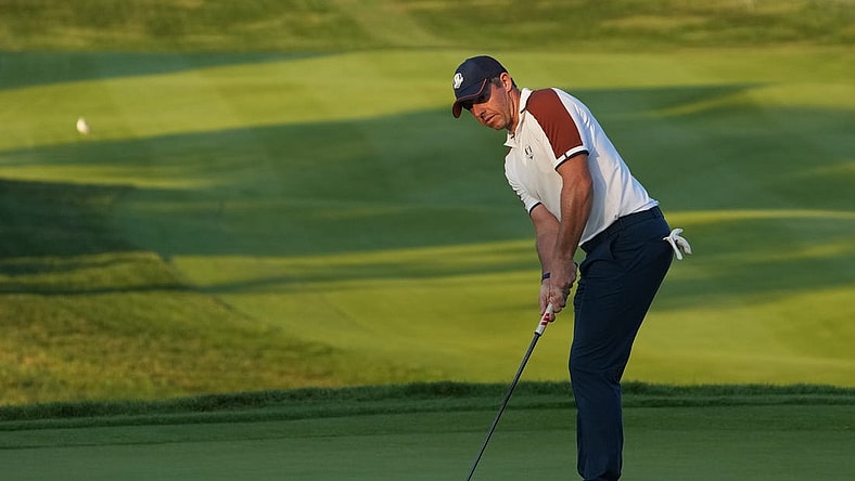 Sep 30, 2023; Rome, ITALY;  Team Europe golfer Rory McIlroy putts on the 16th green during day two fourballs round for the 44th Ryder Cup golf competition at Marco Simone Golf and Country Club. Mandatory Credit: Kyle Terada-USA TODAY Sports