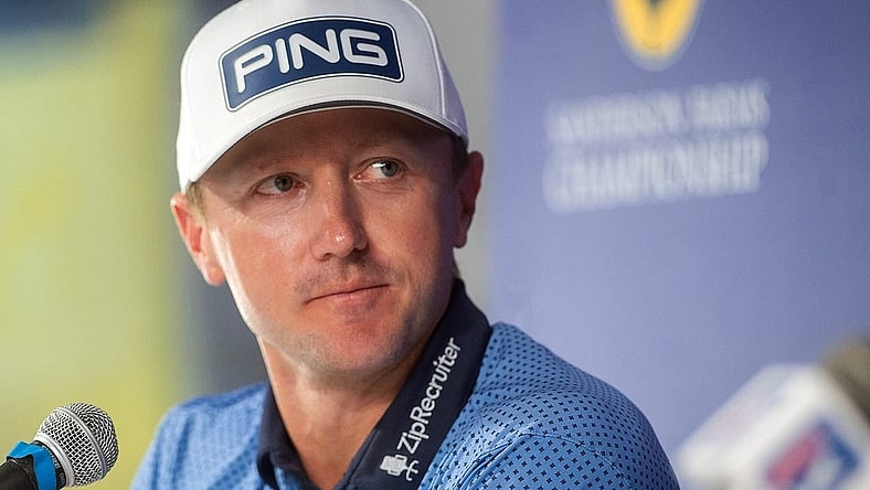 Sanderson Farms Championship 2022 winner Mackenzie Hughes speaks about returning to the course for the tournament during a news conference at the Country Club of Jackson in Jackson, Miss., Tuesday, Oct. 3, 2023.