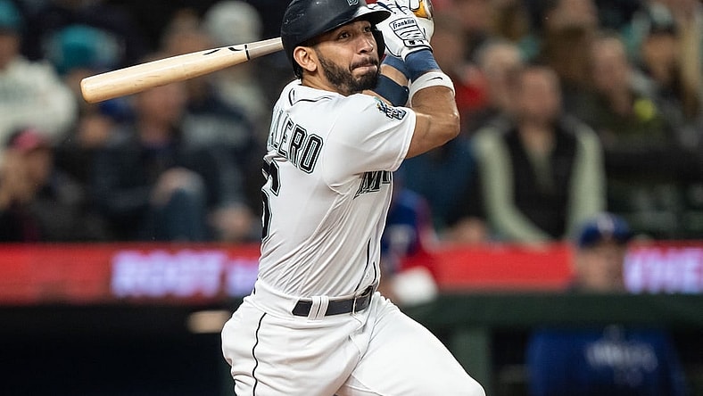 Sep 28, 2023; Seattle, Washington, USA; Seattle Mariners second baseman Jose Caballero (76) against the Texas Rangers at T-Mobile Park. Mandatory Credit: Stephen Brashear-USA TODAY Sports