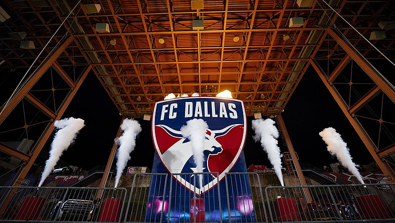Oct 4, 2023; Frisco, Texas, USA; A view of the FC Dallas logo and smoke and flames before the game between FC Dallas and the Colorado Rapids at Toyota Stadium. Mandatory Credit: Jerome Miron-USA TODAY Sports