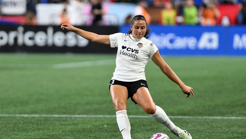 Oct 6, 2023; Seattle, Washington, USA; Washington Spirit defender Sam Staab (3) takes a free kick during the second half against OL Reign at Lumen Field. Mandatory Credit: Steven Bisig-USA TODAY Sports