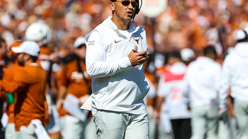 Oct 7, 2023; Dallas, Texas, USA; Texas Longhorns head coach Steve Sarkisian reacts during the first half against the Oklahoma Sooners at the Cotton Bowl. Mandatory Credit: Kevin Jairaj-USA TODAY Sports