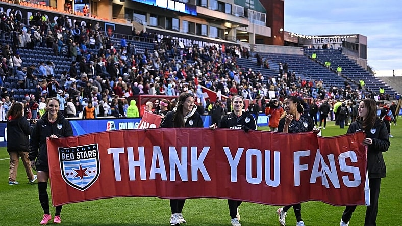 Oct 15, 2023; Bridgeview, Illinois, USA; Chicago Red Stars thank fans after the game against OL Reign at SeatGeek Stadium. Mandatory Credit: Daniel Bartel-USA TODAY Sports