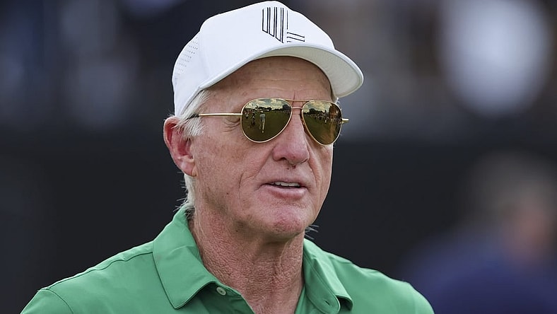 Oct 20, 2023; Doral, Florida, USA; LIV Golf CEO and commissioner Greg Norman looks on during the first round of the LIV Golf Miami golf tournament at Trump National Doral. Mandatory Credit: Sam Navarro-USA TODAY Sports