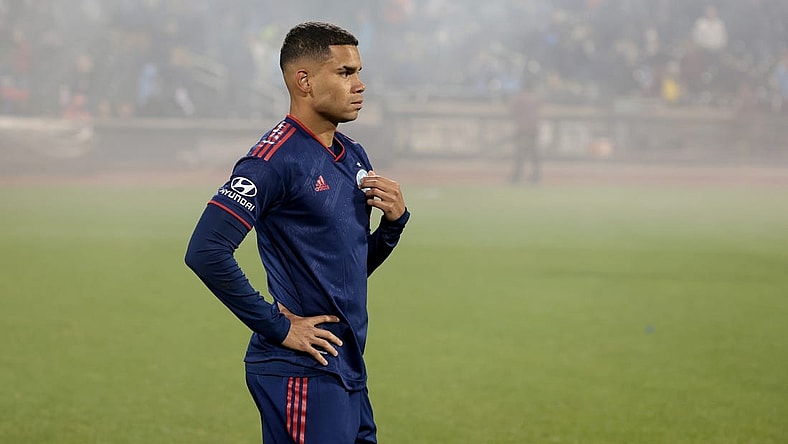 Oct 21, 2023; New York, NY, New York, NY, USA; Chicago Fire defender Miguel Angel Navarro (6) reacts after a match against the New York City FC at Citi Field. Mandatory Credit: Vincent Carchietta-USA TODAY Sports
