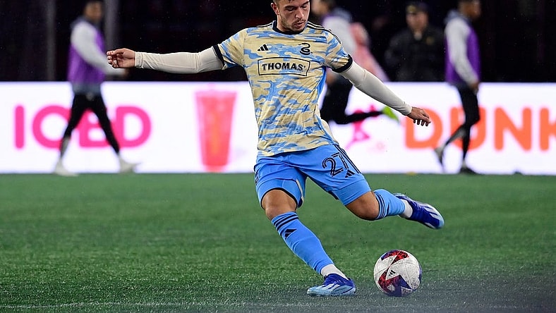 Oct 21, 2023; Foxborough, Massachusetts, USA; Philadelphia Union defender Kai Wagner (27) passes the ball during the second half against the New England Revolution at Gillette Stadium. Mandatory Credit: Eric Canha-USA TODAY Sports