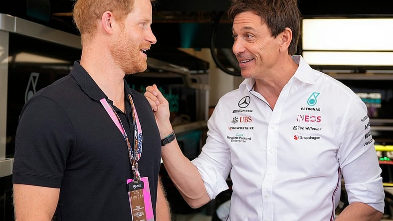 Prince Harry, Duke of Sussex, left, chats with Toto Wolff, Team Principal and CEO of Mercedes-AMG Petronas, in the garage at the Formula 1 Lenovo United States Grand Prix at Circuit of the Americas on Sunday October 22, 2023.