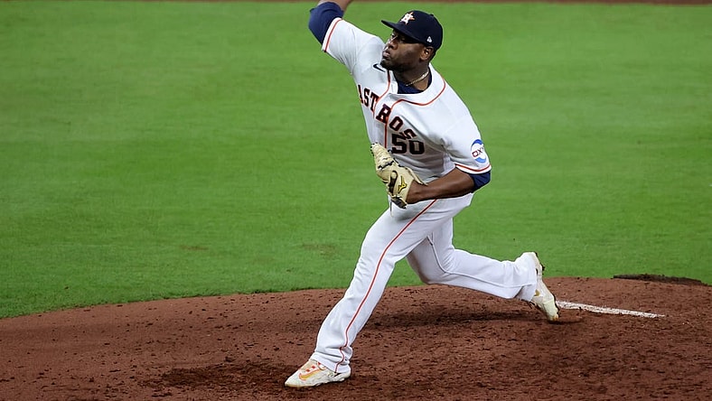 Oct 23, 2023; Houston, Texas, USA; Houston Astros pitcher Hector Neris (50) during the fourth inning of game seven in the ALCS against the Texas Rangers for the 2023 MLB playoffs at Minute Maid Park. Mandatory Credit: Erik Williams-USA TODAY Sports
