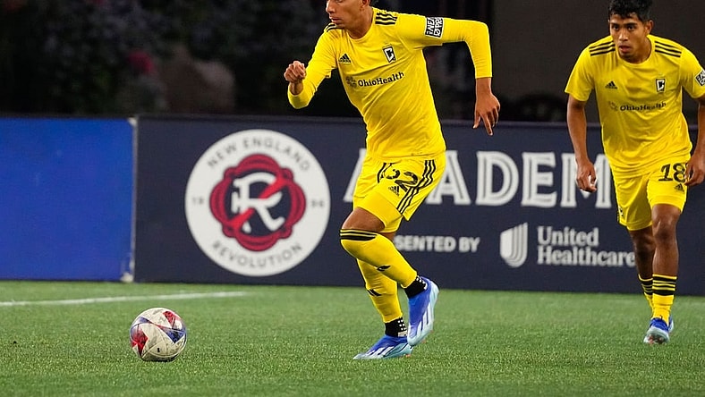 Oct 14, 2023; Foxborough, MA, USA; Columbus Crew 2 forward Taha Habroune (52) chases the ball against the New England Revolution II during the second half at Gillette Stadium. Mandatory Credit: Gregory Fisher-USA TODAY Sports