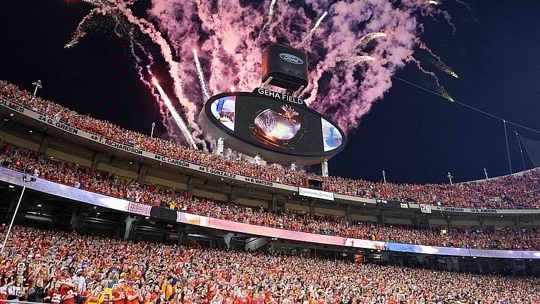 Oct 12, 2023; Kansas City, Missouri, USA; A general view of fireworks exploding prior to a game between the Kansas City Chiefs and Denver Broncos at GEHA Field at Arrowhead Stadium. Mandatory Credit: Denny Medley-USA TODAY Sports