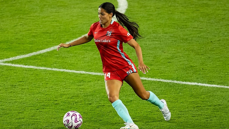 Oct 4, 2023; Kansas City, Kansas, USA; Kansas City Current midfielder Chardonnay Curran (14) controls the ball during the second half against Monterrey at Children   s Mercy Park. Mandatory Credit: Jay Biggerstaff-USA TODAY Sports