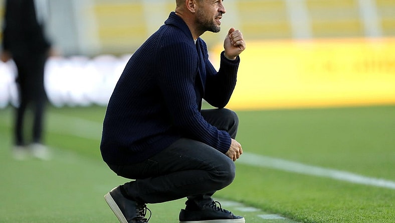 Oct 22, 2023; Columbus, OH, USA;  Columbus Crew 2 ahead coach Laurent Courtois during the first half of the Next Pro Cup game game between the Columbus Crew 2 and the Austin FC II at Lower.com Field. Mandatory Credit: Joseph Maiorana-USA TODAY Sports