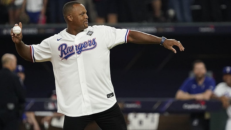 Oct 28, 2023; Arlington, TX, USA; Former Texas Rangers player Adrian Beltre throws out the ceremonial first pitch before the game between the Texas Rangers and the Arizona Diamondbacks in game two of the 2023 World Series at Globe Life Field. Mandatory Credit:Raymond Carlin III-USA TODAY Sports