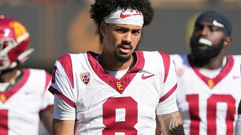 Oct 28, 2023; Berkeley, California, USA; USC Trojans quarterback Malachi Nelson (8) before the game against the California Golden Bears at California Memorial Stadium. Mandatory Credit: Darren Yamashita-USA TODAY Sports