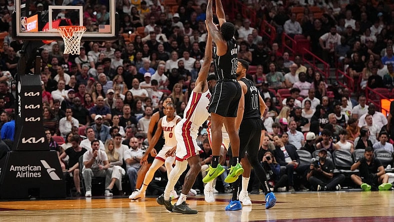 Nov 1, 2023; Miami, Florida, USA; Brooklyn Nets guard Armoni Brooks (13) attempts a three point shot against the Miami Heat during the second half at Kaseya Center. Mandatory Credit: Jasen Vinlove-USA TODAY Sports