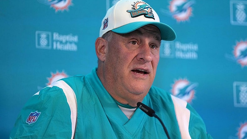 Nov 2, 2023; Frankfurt, Germany; Miami Dolphins defensive coordinator Vic Fangio at press conference at the PSD Bank Arena. Mandatory Credit: Kirby Lee-USA TODAY Sports