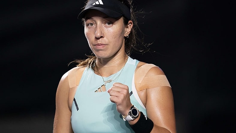 Nov 2, 2023; Cancun, Mexico; Jessica Pegula (USA) reacts to a point during her match against Maria Sakkari (GRE) on day five of the GNP Saguaros WTA Finals Cancun. Mandatory Credit: Susan Mullane-USA TODAY Sports