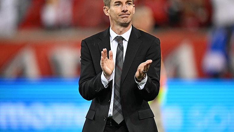 Nov 4, 2023; Harrison, NJ, USA; New York Red Bulls head coach Troy Lesesne reacts after the game against FC Cincinnati of game two in a round one match of the 2023 MLS Cup Playoffs at Red Bull Arena. Mandatory Credit: Mark Smith-USA TODAY Sports