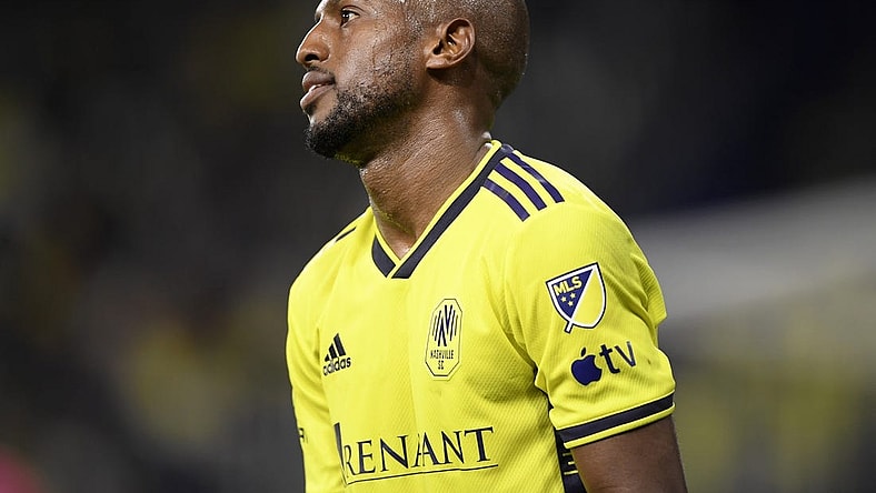 Nov 7, 2023; Nashville, Tennessee, USA; Nashville SC midfielder Fafa Picault (7) reacts in the second half against the Orlando City  at Geodis Park. Mandatory Credit: Steve Roberts-USA TODAY Sports