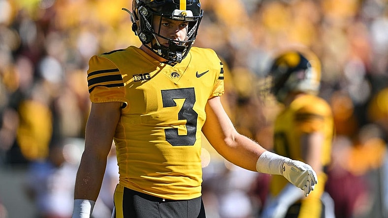 Oct 21, 2023; Iowa City, Iowa, USA; Iowa Hawkeyes defensive back Cooper DeJean (3) looks on during the game against the Minnesota Golden Gophers at Kinnick Stadium. Mandatory Credit: Jeffrey Becker-USA TODAY Sports