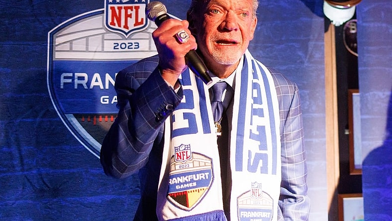 Nov 10, 2023; Frankfurt, Germany; Indianapolis Colts owner Jim Irsay speaks during a fan event at Chicago Meatpackers before an International Series game against the New England Patriots. Mandatory Credit: Nathan Ray Seebeck-USA TODAY Sports