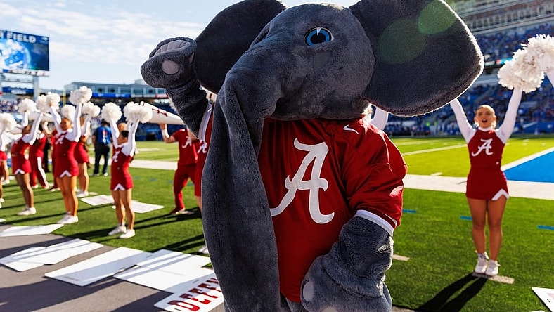 Nov 11, 2023; Lexington, Kentucky, USA; Alabama Crimson Tide mascot Big Al waves to the crowd during the third quarter against the Kentucky Wildcats at Kroger Field. Mandatory Credit: Jordan Prather-USA TODAY Sports