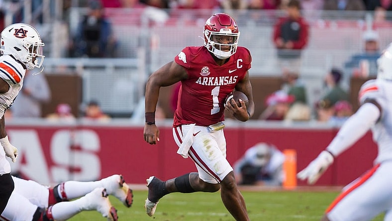 Nov 11, 2023; Fayetteville, Arkansas, USA;  Arkansas Razorbacks quarterback KJ Jefferson (1) runs the ball during the second quarter in the game against the Auburn Tigersat Donald W. Reynolds Razorback Stadium. Mandatory Credit: Brett Rojo-USA TODAY Sports
