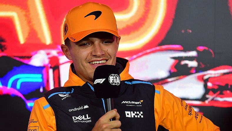Nov 15, 2023; Las Vegas, Nevada, USA; McLaren F1 Team driver Lando Norris of Great Britain speaks during media availabilities at Las Vegas Strip Circuit. Mandatory Credit: Gary A. Vasquez-USA TODAY Sports