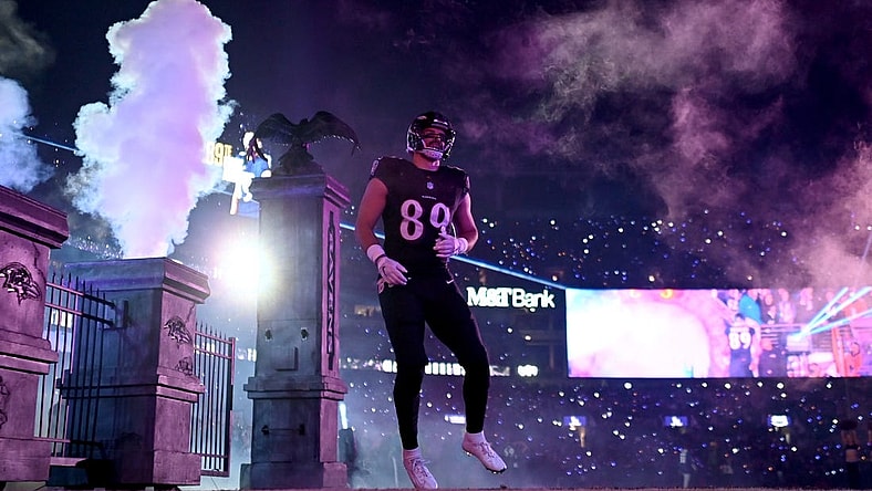 Nov 16, 2023; Baltimore, Maryland, USA; Baltimore Ravens tight end Mark Andrews (89) is introduced before a game against the Cincinnati Bengals at M&T Bank Stadium. Mandatory Credit: Tommy Gilligan-USA TODAY Sports