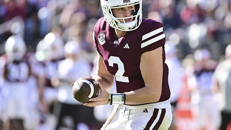 Nov 18, 2023; Starkville, Mississippi, USA; Mississippi State Bulldogs quarterback Will Rogers (2) drops back in the pocket against the Southern Miss Golden Eagles during the third quarter at Davis Wade Stadium at Scott Field. Mandatory Credit: Matt Bush-USA TODAY Sports