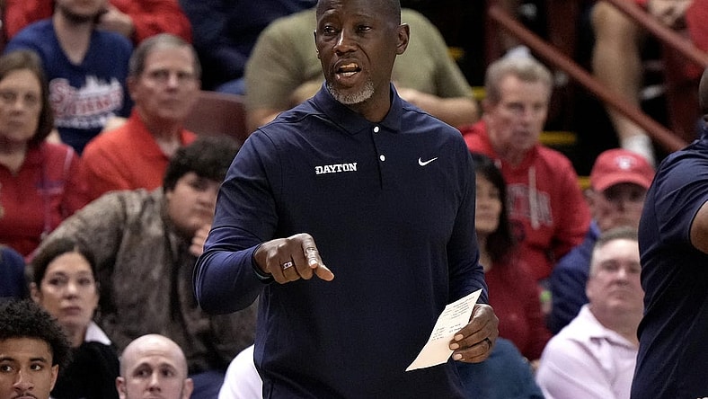 Nov 19, 2023; Charleston, SC, USA; Dayton Flyers head coach Anthony Grant talks to his players in the first half against the Houston Cougars at TD Arena. Mandatory Credit: David Yeazell-USA TODAY Sports