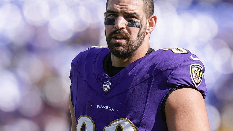 Nov 12, 2023; Baltimore, Maryland, USA;  Baltimore Ravens tight end Mark Andrews (89) looks on before a game against the Cleveland Browns at M&T Bank Stadium. Mandatory Credit: Jessica Rapfogel-USA TODAY Sports