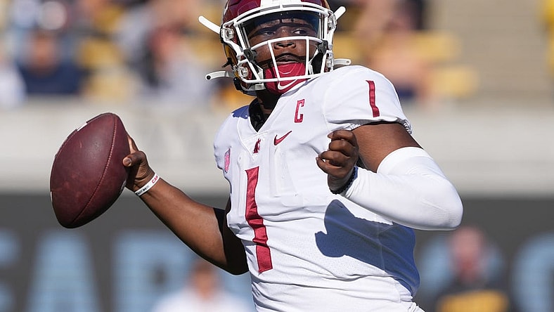 Nov 11, 2023; Berkeley, California, USA; Washington State Cougars quarterback Cameron Ward (1) passes against the California Golden Bears during the first quarter at California Memorial Stadium. Mandatory Credit: Darren Yamashita-USA TODAY Sports
