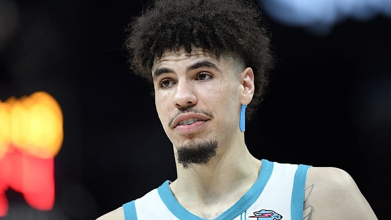 Nov 22, 2023; Charlotte, North Carolina, USA; Charlotte Hornets guard LaMelo Ball (1) looks on during a time out in the second half against the Washington Wizards at the Spectrum Center. Mandatory Credit: Sam Sharpe-USA TODAY Sports
