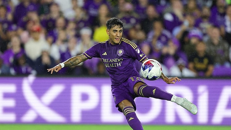 Nov 25, 2023; Orlando, Florida, USA; Orlando City forward Facundo Torres (17) shoots the ball against Columbus Crew during the first half in a MLS Cup Eastern Conference Semifinal match at Exploria Stadium. Mandatory Credit: Nathan Ray Seebeck-USA TODAY Sports