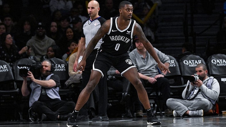 Nov 25, 2023; Brooklyn, New York, USA; Brooklyn Nets forward Dariq Whitehead (0) during his NBA debut in the fourth quarter against the Miami Heat at Barclays Center. Mandatory Credit: John Jones-USA TODAY Sports